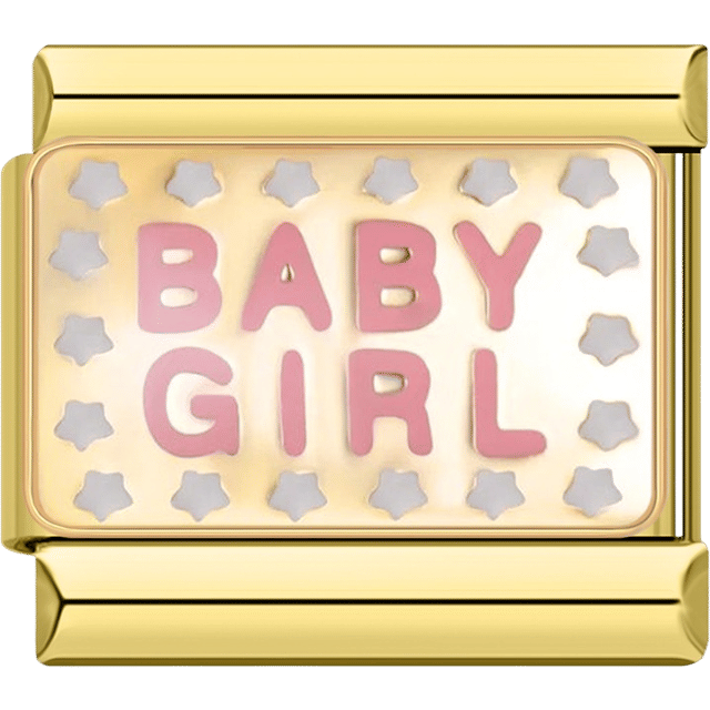 Gold rectangular Italian charm bracelet link featuring pink "BABY GIRL" text surrounded by white star shapes on a gold background.
